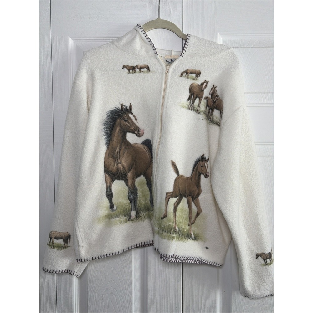 Artisans Vintage Horse Graphic Fleece Hoodie Womens Size L White Cotton Blend